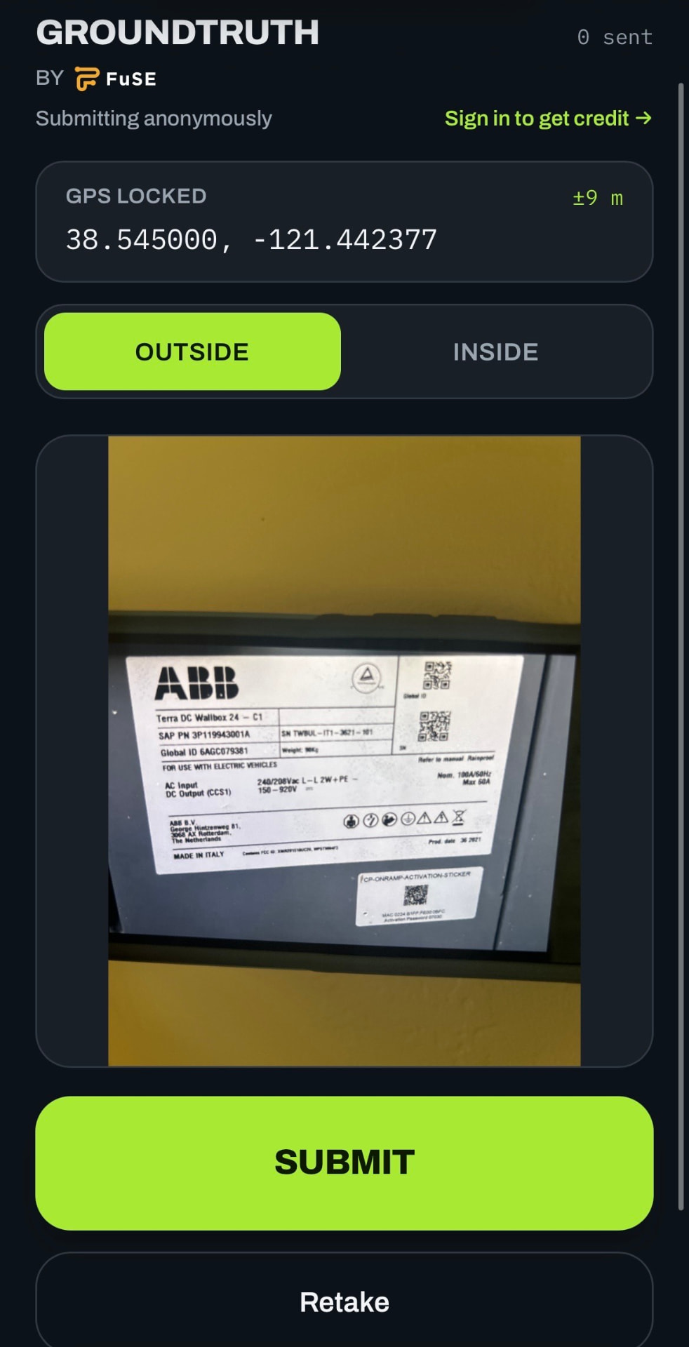 Groundtruth screen with an ABB charger nameplate photo ready to submit